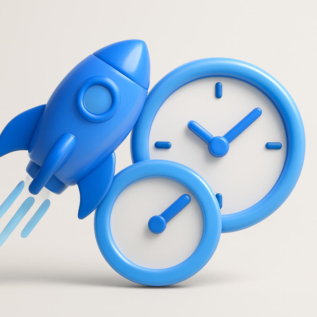 3D illustration of a rocket, clock, and progress gauge
